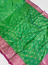 Dual Shade Parrot Green Pure Katan Silk Saree with Hot Pink Color Border and Pallu - Kaash