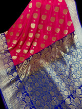 Dual shade Peach Pink Hot Pink with Purple border and Blue Pallu combination Traditional Border Banarasi Handloom Soft Silk Saree - Kaash