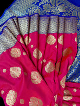 Dual shade Peach Pink Hot Pink with Purple border and Blue Pallu combination Traditional Border Banarasi Handloom Soft Silk Saree - Kaash