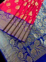 Dual shade Peach Pink Hot Pink with Purple border and Blue Pallu combination Traditional Border Banarasi Handloom Soft Silk Saree - Kaash
