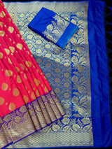 Dual shade Peach Pink Hot Pink with Purple border and Blue Pallu combination Traditional Border Banarasi Handloom Soft Silk Saree - Kaash