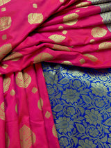 Dual shade Peach Pink Hot Pink with Purple border and Blue Pallu combination Traditional Border Banarasi Handloom Soft Silk Saree - Kaash