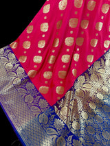 Dual shade Peach Pink Hot Pink with Purple border and Blue Pallu combination Traditional Border Banarasi Handloom Soft Silk Saree - Kaash