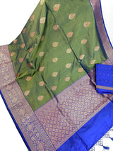 Dual Shade Pista Green Pure Katan Silk Saree with Royal Blue Color Border and Pallu - Kaash
