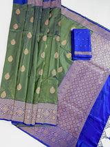 Dual Shade Pista Green Pure Katan Silk Saree with Royal Blue Color Border and Pallu - Kaash