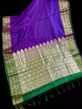 Dual Shade Purple & Blue Banarasi saree in banarasi satin silk with plain body with bottle green borders & pallu — Kaash Collection