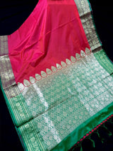 Dual Shade Redish Pink Banarasi Silk Saree with Green Border Pallu - Kaash