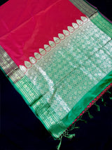 Dual Shade Redish Pink Banarasi Silk Saree with Green Border Pallu - Kaash
