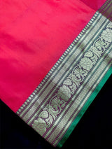 Dual Shade Redish Pink Banarasi Silk Saree with Green Border Pallu - Kaash