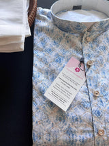Dual-Shade Blue & White men's kurta pajama in soft butter silk with dual-shade floral digital prints with zari jaal — Kaash Collection