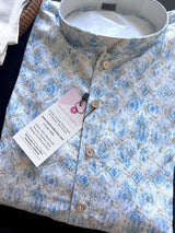Dual-Shade Blue & White men's kurta pajama in soft butter silk with dual-shade floral digital prints with zari jaal — Kaash Collection