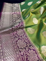Dual Tone Mehndi Green with Hot Pink Banarasi saree in banarasi soft silk (not pure) with gold zari weave with hot pink pallu — Kaash Collection