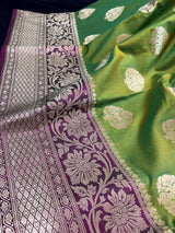 Dual Tone of Mehndi Green Banarasi Butter Soft Silk with Hot Pink Pallu - Wide Border - Kaash