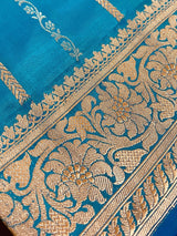Dual Tone Turquoise Color with undertone of Blue Pure Banarasi Katan Silk Saree with Copper and Sliver Zari - Kaash