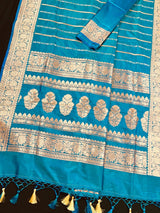 Dual Tone Turquoise Color with undertone of Blue Pure Banarasi Katan Silk Saree with Copper and Sliver Zari - Kaash