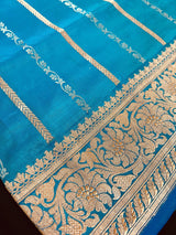 Dual Tone Turquoise Color with undertone of Blue Pure Banarasi Katan Silk Saree with Copper and Sliver Zari | SILK Mark Certified - Kaash