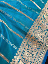 Dual Tone Turquoise Color with undertone of Blue Pure Banarasi Katan Silk Saree with Copper and Sliver Zari | SILK Mark Certified - Kaash