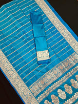 Dual Tone Turquoise Color with undertone of Blue Pure Banarasi Katan Silk Saree with Copper and Sliver Zari | SILK Mark Certified - Kaash