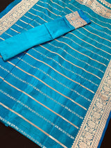 Dual Tone Turquoise Color with undertone of Blue Pure Banarasi Katan Silk Saree with Copper and Sliver Zari | SILK Mark Certified - Kaash