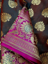 Dual wrap Banarasi Silk Saree in Rust and Dark Green tone with Hot Pink Satin Patta Wide Border - Kaash
