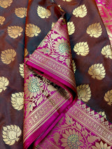 Dual wrap Banarasi Silk Saree in Rust and Dark Green tone with Hot Pink Satin Patta Wide Border - Kaash