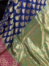 Dull Blue with Green and Pink color combination Traditional Satin Border Banarasi Handloom Soft Silk Saree - Kaash