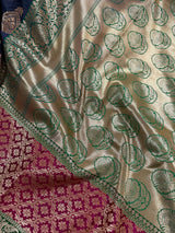 Dull Blue with Green and Pink color combination Traditional Satin Border Banarasi Handloom Soft Silk Saree - Kaash