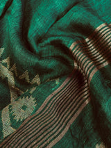 Dull Green Color Linen Bengal Handloom Saree with Muted Gold Zari Weave - Kaash
