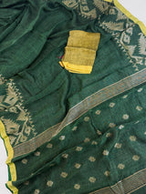 Dull Green Color Linen Bengal Handloom Saree with Muted Gold Zari Weave - Kaash