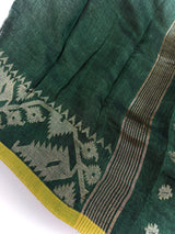 Dull Green Color Linen Bengal Handloom Saree with Muted Gold Zari Weave - Kaash