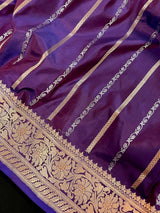 Eggplant Color Saree with undertone of Wine in Pure Banarasi Katan Silk Saree with Copper and Sliver Zari - Kaash
