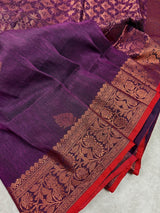 Eggplant Purple with Red Banarasi saree in bengal linen silk handloom with floral buttis with copper zari weaving — Kaash Collection