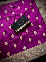 Eggplant Purple Color Pure Banarasi Katan Silk Saree with Black Border and Pallu - Kaash
