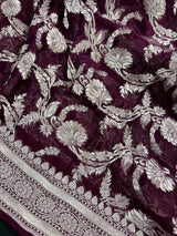 Eggplant Purple pure khaddi georgette silk saree with silver zari weave — Kaash Collection