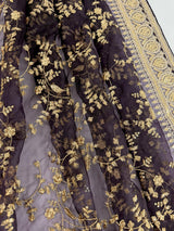Eggplant Purple Organza Silk Dupatta with Gold Zari Embroidery Sequins, Wedding Lehanga Accessory - Kaash