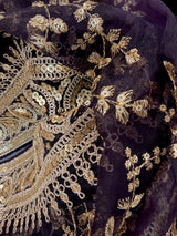 Eggplant Purple Organza Silk Dupatta with Gold Zari Embroidery Sequins, Wedding Lehanga Accessory - Kaash