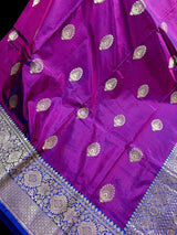 Silk Mark Certified Eggplant Purple with Blue Pallu saree in pure katan silk with blue border & pallu with dual-tone body — Kaash Collection