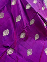 Silk Mark Certified Eggplant Purple with Blue Pallu saree in pure katan silk with blue border & pallu with dual-tone body — Kaash Collection