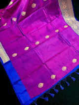 Silk Mark Certified Eggplant Purple with Blue Pallu saree in pure katan silk with blue border & pallu with dual-tone body — Kaash Collection