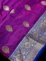 Silk Mark Certified Eggplant Purple with Blue Pallu saree in pure katan silk with blue border & pallu with dual-tone body — Kaash Collection
