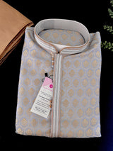 English Grey Color Men Kurta Pajama Set with Floral Embossed Design in Gold in Banarasi Butter Soft Silk | Indian Wedding Outfit for Men - Kaash