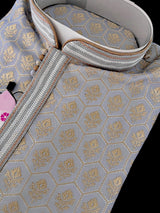 English Grey Color Men Kurta Pajama Set with Floral Embossed Design in Gold in Banarasi Butter Soft Silk | Indian Wedding Outfit for Men - Kaash