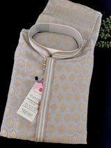 English Grey Color Men Kurta Pajama Set with Floral Embossed Design in Gold in Banarasi Butter Soft Silk | Indian Wedding Outfit for Men - Kaash