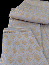 English Grey Color Men Kurta Pajama Set with Floral Embossed Design in Gold in Banarasi Butter Soft Silk | Indian Wedding Outfit for Men - Kaash