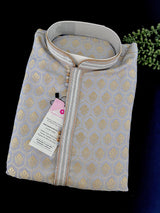 English Grey Color Men Kurta Pajama Set with Floral Embossed Design in Gold in Banarasi Butter Soft Silk | Indian Wedding Outfit for Men - Kaash