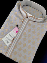 English Grey Color Men Kurta Pajama Set with Floral Embossed Design in Gold in Banarasi Butter Soft Silk | Indian Wedding Outfit for Men - Kaash