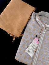 English Grey Color Men Kurta Pajama Set with Floral Embossed Design in Gold in Banarasi Butter Soft Silk | Indian Wedding Outfit for Men - Kaash