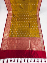 Fenugreek Color Pure Katan Silk Saree with Red Color Border and Pallu - Kaash
