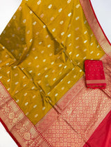 Fenugreek Color Pure Katan Silk Saree with Red Color Border and Pallu - Kaash
