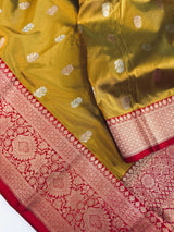 Fenugreek Color Pure Katan Silk Saree with Red Color Border and Pallu - Kaash
